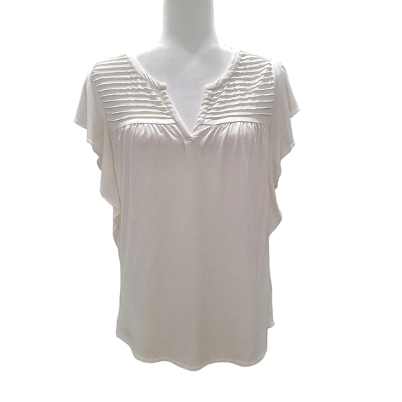 Anthropologie Meadow Rue White Pintuck Detail Notched V-Neck Flutter Sleeve Top - Picture 1 of 7